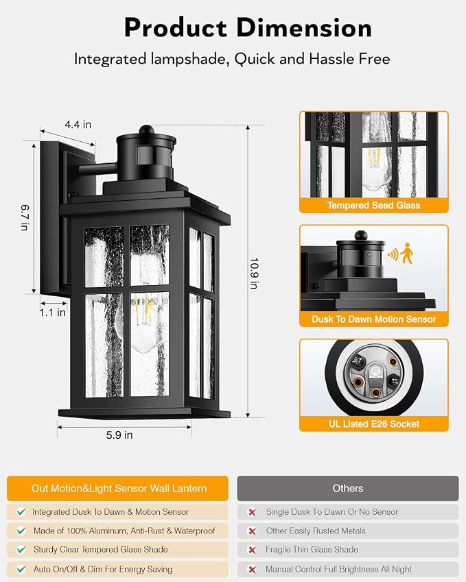 VIANIS Motion Sensor Outdoor Light Fixtures Wall Mount, Black Porch Lights Outdoor Lantern, Anti-Rust Waterproof Exterior Lights for House, Modern Outdoor Wall Sconce for Garage, Front Door, Coach