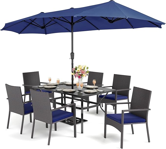 PHI VILLA 7-Piece Patio Set with 13ft Blue Umbrella, 6 Rattan Chairs | 60" rectangular metal table, 6 cushioned rattan wicker chairs, and 13ft blue umbrella. Ideal for patio, deck, yard, or porch