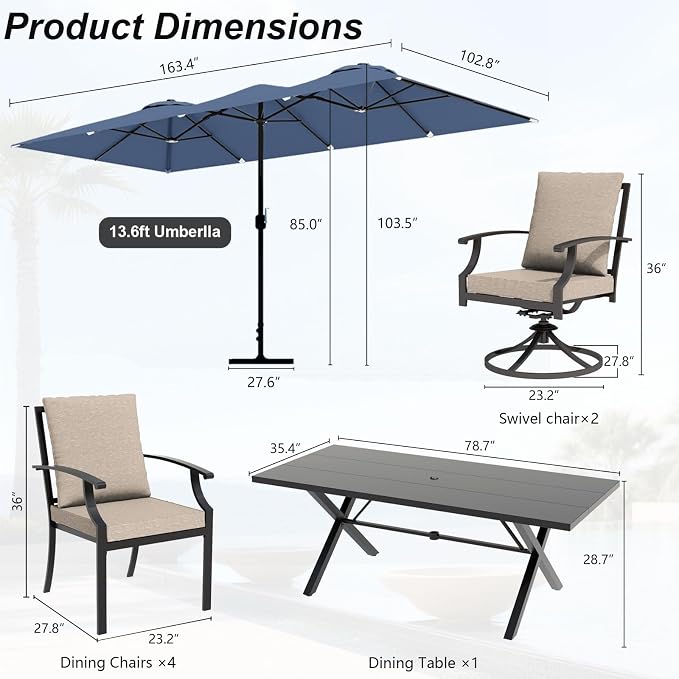 Patio Dining Set for 8 with 13.6ft Double-Sided Patio Umbrella,Outdoor Dining Set of 4 Metal Chairs and 2 Swivel Chairs with Umbrella Hole Table for Backyard,Garden,and Poolside(Brown)