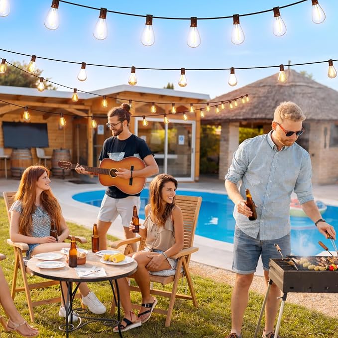 15FT Outdoor String Lights with Remote & Dimmable, 8+1 Shatterproof Waterproof Bulbs, Dimmable Outside Hanging Patio Lights for Backyard, Porch, Deck, Garden 2700K Warm White