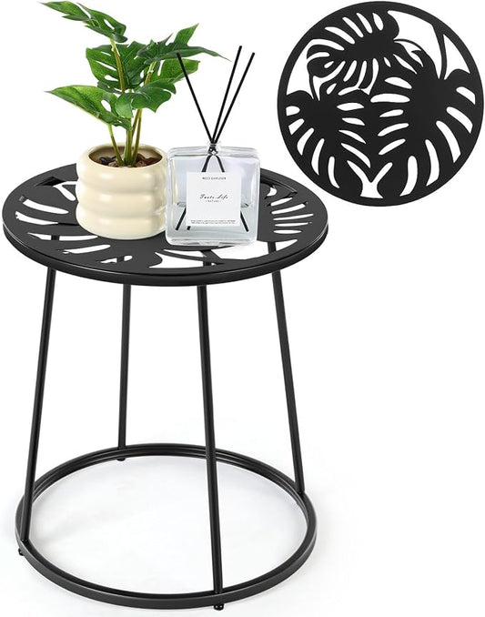 Vercraft Small Outdoor Side Table, 14" Patio Side Tables with Flower Cut Outs Weather Resistant Metal Outdoor End Table for Patio Outside Porch Balconies Garden(Black,Monstera Leaf)