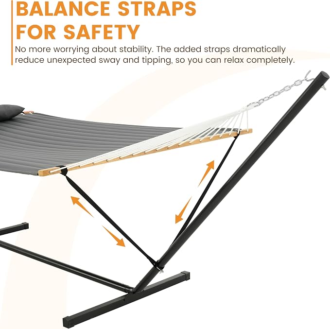 Lazy Daze Hammocks 2 Person Portable Hammock with 12FT Stand for Outside, 10.5FT Quilted Double Hammock with Spreader Bar and Detachable Pillow, 450lbs Capacity for Outdoor Patio, Grey