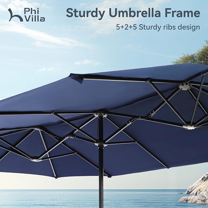 PHI VILLA 7 Pcs Outdoor Dining Set with Umbrella for 6(Blue) | 60" Rectangular Metal Table & Stacking Wrought Iron Chairs & 13ft Blue Umbrella, Outside Large Furniture