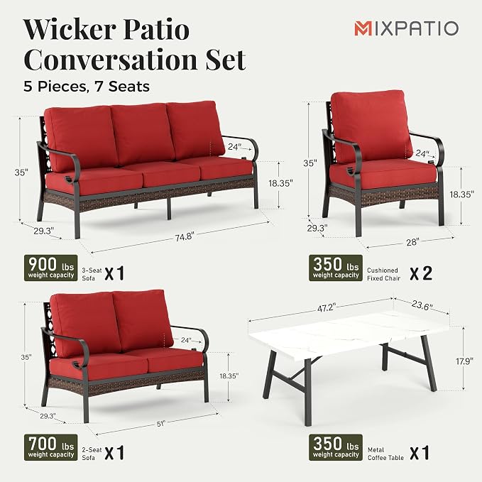 MIXPATIO Patio Furniture Set with Coffee Table, Outdoor Conversation Set with 2 x Fixed Chairs, 1 x 2-Seat Sofa, 1 x 3-Seat Sofa for Lawn Garden Backyard, Red