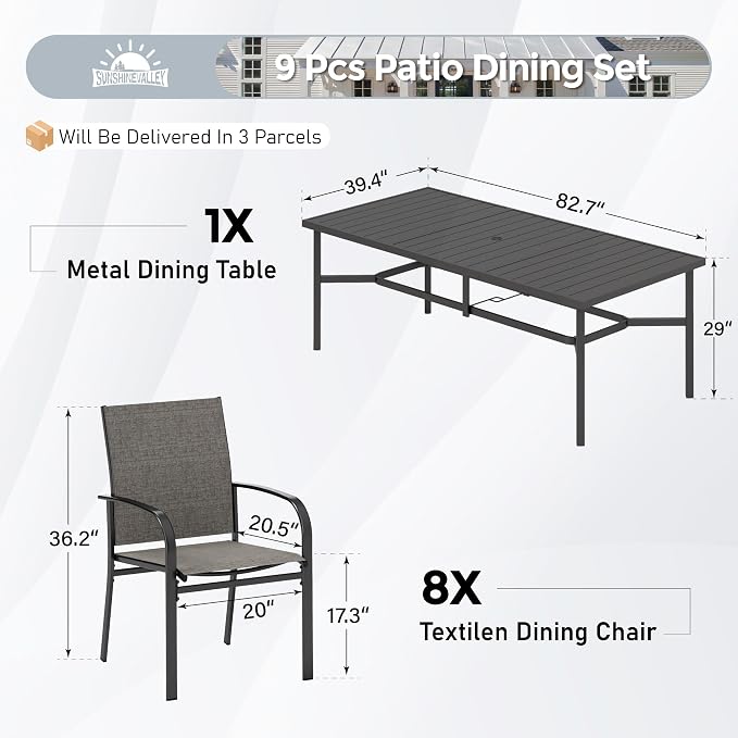 SUNSHINE VALLEY Patio Dining Set 9 PCS, 8 Stable Outdoor Dining Chairs with Rectangular Dining Table, Patio Table and Chairs Set for Lawn,Deck and Backyard