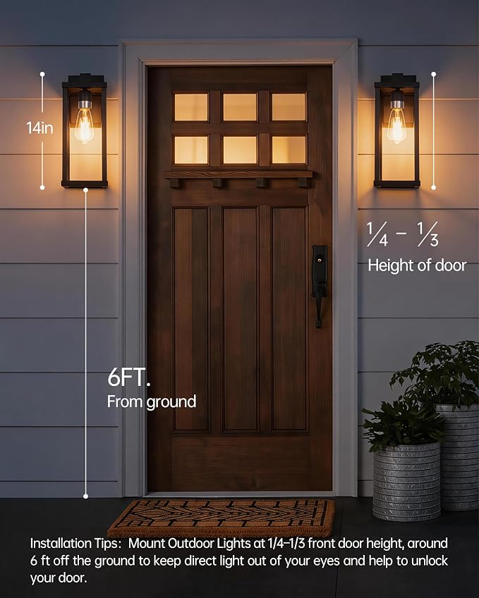 LITFIT 14'' Dusk to Dawn Outdoor Lighting, Die-Casting Aluminum Exterior Wall Sconces, Hardwired Black Outside Lighting for House, Garage, Porch,Front Door, Patio, 2-Pack, Bulbs Not Included