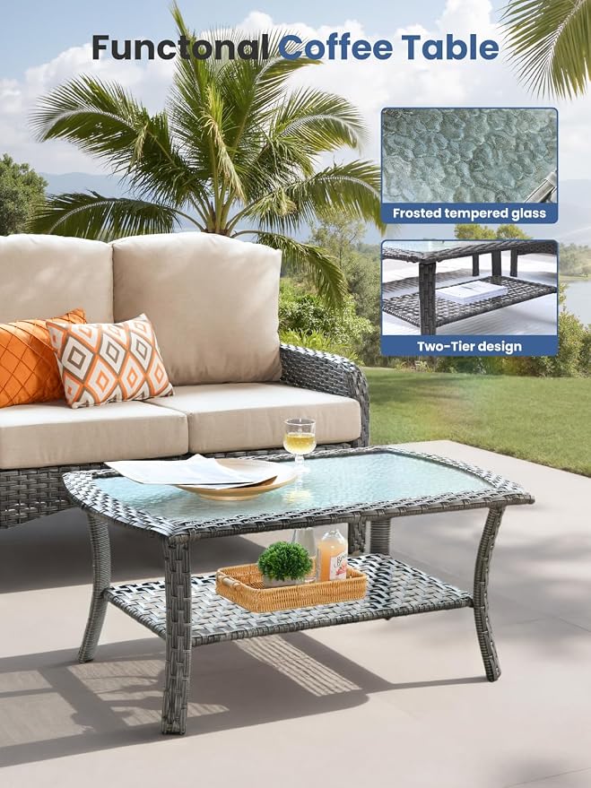 8-Piece Outdoor Patio Furniture Set with Swivel Chairs, Outdoor Conversation Wicker Sofa with Coffee Table, Rattan Couch for Deck Yard Poolside, Beige