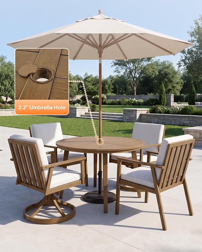 5-Piece Round Outdoor Dining Set, Never-Rust Aluminum Outdoor Table and Chairs Set, 41" Round Dining Table with 2 Swivel Dining Chairs, Modern Patio Dining Set for Garden, Deck, Yard, Teak