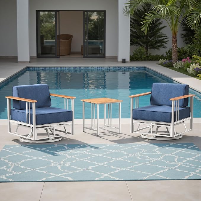 Luxury Swivel Patio Chairs with 6" Extra Thick Cushions, Outdoor Swivel Chairs with Side Table, Outdoor Patio Bistro Glider for Porch, Balcony, Deck, Patio, Yard, Poolside, White/Blue