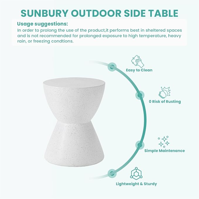 SUNBURY Outdoor Side Table Concrete, 19" H Outdoor End Tables Geometric Hourglass Shaped, Lightweight Round Accent Table, Decorative Modern Garden Stool for Patio, Backyard, Spotted White
