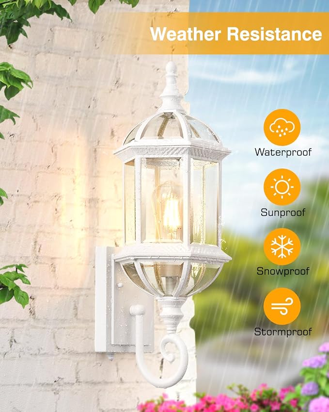 VIANIS Dusk to Dawn Porch Lights Outdoor, Classic White Outdoor Wall Lights, Anti-Rust Outside Lights for House with Tempered Beveled Glass, Waterproof Exterior Lighting Fixtures for House, Entryway