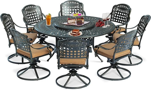 9-Piece Patio Cast Aluminum Dining Set, Outdoor Dining Furniture Set for 8 Person, Includes 8 Swivel Dining Chairs and 61" Large Round Dining Table with 31" Lazy Susan, Umbrella Hole, Tan