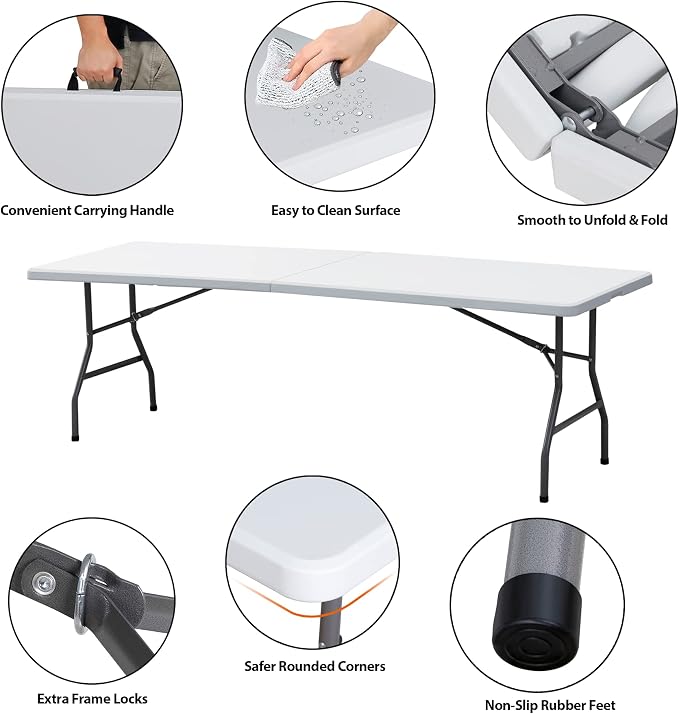 8 FT Folding Table, Fold in Half, Heavy Duty Portable w/Handle Plastic for Picnic Party Camping Dining Indoor Outdoor - Lightweight White