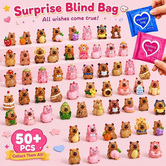 50 PCS Mystery Bag Mini Resin Capybara Blind Bags, Cute Glow in The Dark & Regular Capybara Figurines Surprise Box Toys for Kids, Tiny Collectible Party Favors, Cake Toppers, Phone Case Charms