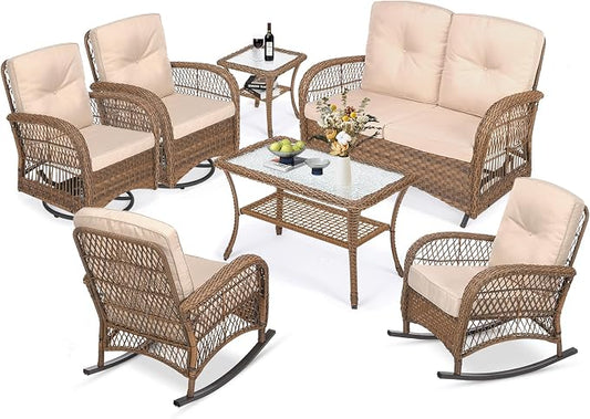 MEETWARM 7 Pieces Outdoor Patio Rattan Furniture Sets, All Weather Patio Wicker Conversation Set- 2 Rocking Chairs, 2 Swivel Chairs, 1 Loveseat Glider with Cushions, 2 Glass-Top Coffee Table, Beige