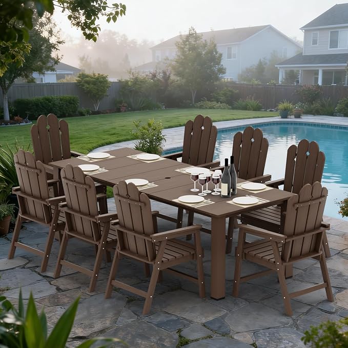 9 Piece Patio Dining Set for 8, HDPE Outdoor Furniture, Brown | 89.4” table,Heavy-duty 8 person patio set, high back eco-friendly HDPE, comfortable seating for large outdoor meals