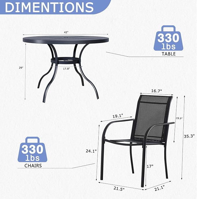 5 Piece Patio Dining Set for 4, 42” Black Round Table with Umbrella Hole and 4 Black Patio Stackable Chairs, Patio Table and Chairs for Backyard, Lawn, Deck & Garden