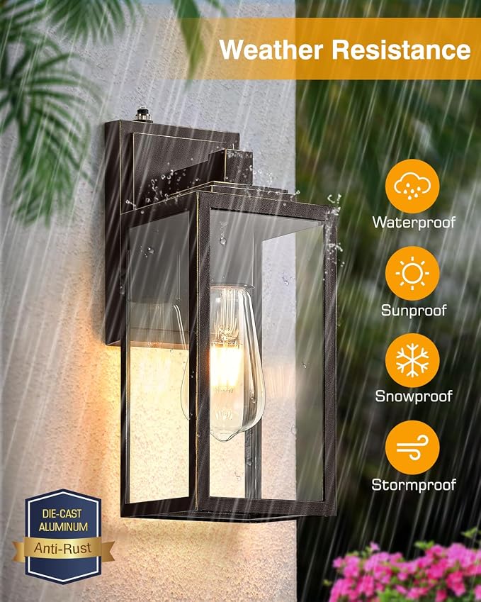 VIANIS Dusk to Dawn Outdoor House Lights Wall Mount, 2 Packs Oil Rubbed Bronze Gold Trim Exterior Garage Lighting Fixtures, Farmhouse Outdoor Wall Sconce Lantern for Porch Patio, Anti-Rust Waterproof