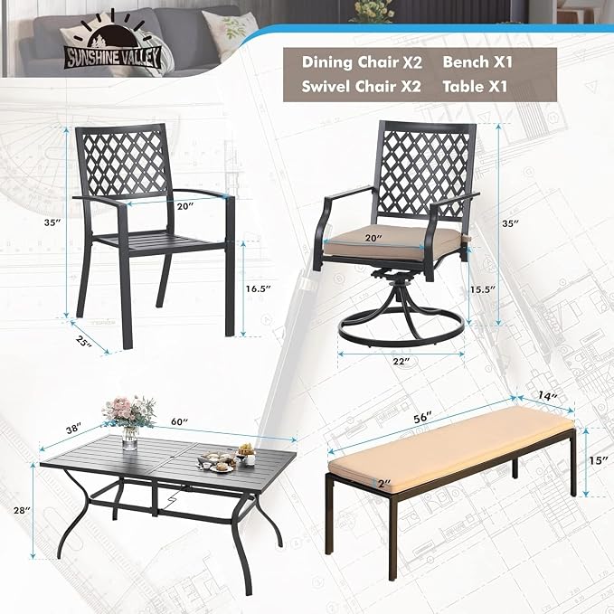 SUNSHINE VALLEY Patio Dining Set,60x38 Outdoor Table w/Swivel Chairs | 60x36 Outdoor Table and Chairs Set with Umbrella Hole, 2 Leg Chairs, 2 Swivel Chairs, 1 Metal Table and 1 Cushioned Bench