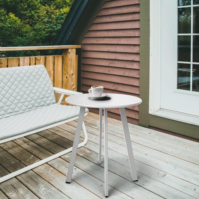 Meluvici Outdoor Side Table - Weather Resistant Patio Table, Round Metal Steel, Waterproof End Table for Garden, Balcony, Yard, White