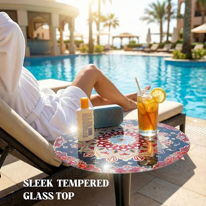 13.4" Outdoor Side Table, Round Patio Bistro Table Printed Tempered Glass Top, Waterproof Rust-Proof Base, Small Plant Stand for Balcony, Garden, Deck, 21.6" H (Ochre Color)