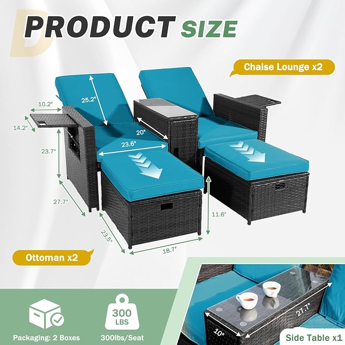 LVUYOYO 5 Piece Patio Furniture Set, Patio Wicker Conversation Set with Ottoman, Outdoor Chaise Lounge Chair with Side Table & Adjustable Backrest for Pool Backyard Garden (Black Wicker Green Cushion)