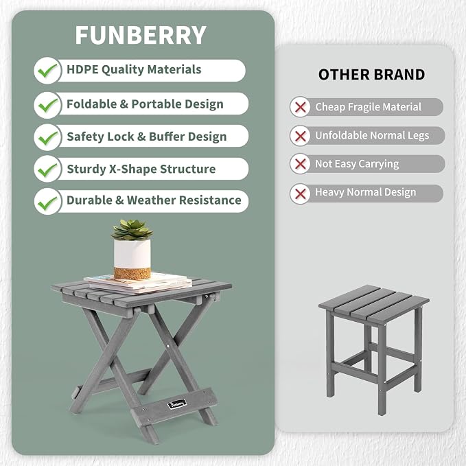 FUNBERRY Outdoor Folding Adirondack Side Table, Patio End Table | No Assembly, Portable, HDPE All Weather, No Rot, No Rust, No Crack, Save Space, Easy-Clean for Indoor or Outdoor