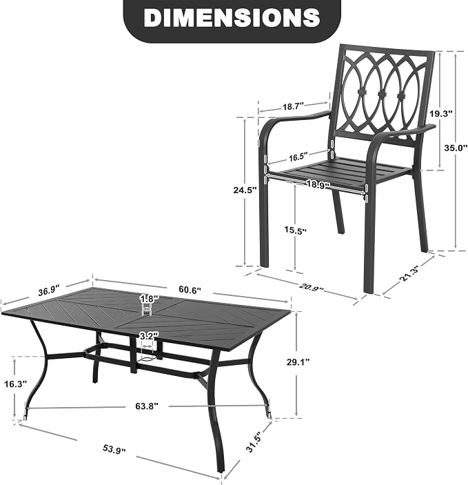 NUU GARDEN 7-Piece Outdoor Patio Dining Set, 61'' x 37'' Rectangle Table with Umbrella Hole and 6 Stackable Patio Dining Chairs, for Outdoor and Indoor Space,Garden, Patio, Deck, Backyard, Black