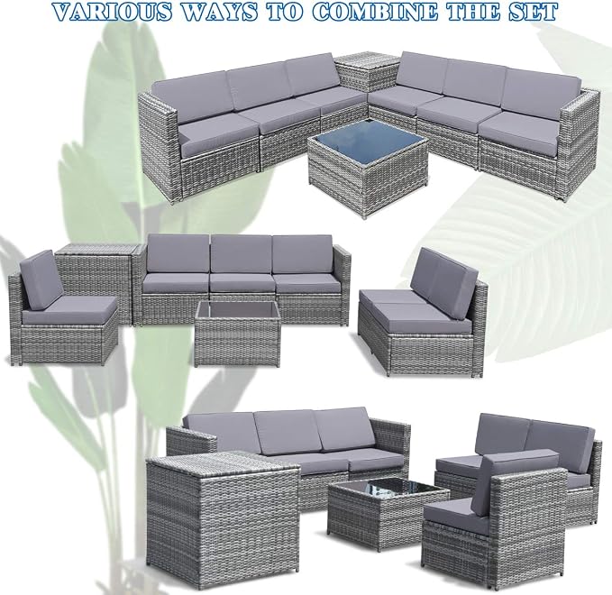 Tangkula 8 PCS Outdoor Patio Furniture Set, Rattan Wicker Sofa Set, Sectional Sofa Couch Conversation Set w/Storage Table and 12 Zippered Cushions for Garden Backyard Poolside (Grey)