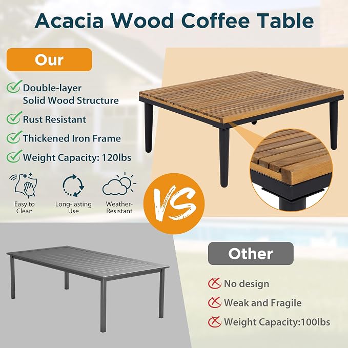 Luxury Patio Furniture Set with Removable Cushions and Coffee Table, L-Shaped Acacia Wood Sofa with Side Table, Outdoor Conversation Sectional Sofa for Backyard,Porch (Beige#51)