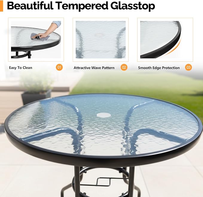 VINGLI Round Patio Table with Umbrella Hole, 32" Outdoor Dining Table Steel Tempered Glass Patio Tables Round Outdoor Tables for Balcony Garden Deck