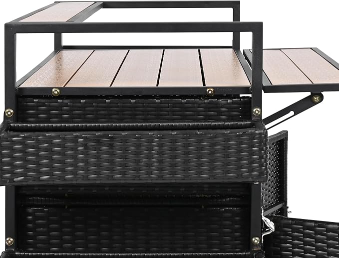 RUNNA Wicker Outdoor Grill Cart with Extended Plastic Wood Table Top, Rolling Kitchen Island on Wheels with Storage Cabinet, for Patio Backyard Garden Poolside, Double Handle Design (Black Brown@047)