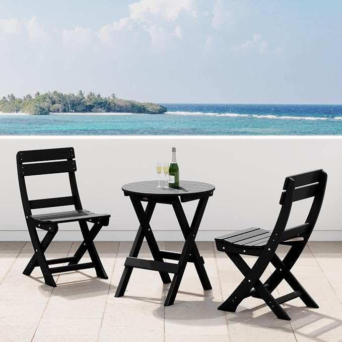 Costaelm Outdoor Bistro Table and Chairs Set of 2, Round Portable Folding Bar Height Barstool Set of 3, Tall Balcony Pub High Top Table 3 piece Patio Set for Deck, Backyard, Garden, Black