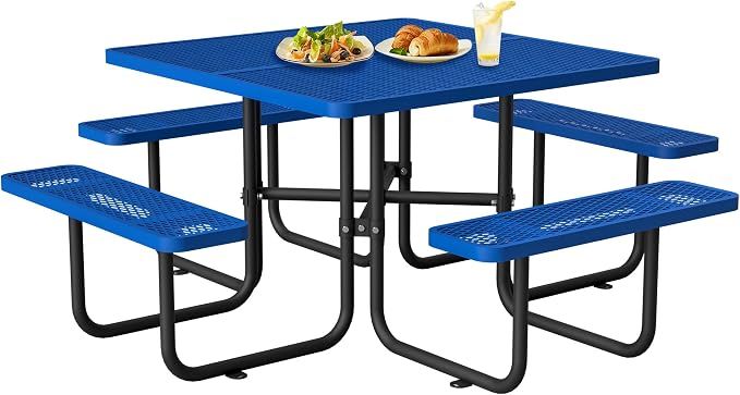 Square Outdoor Metal Coffee Picnic Table for Patio, Backyard, Garden and DIY (Includes 4 Built-in Benches) - Blue