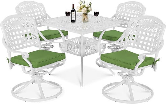 VIVIJASON 5-Piece Outdoor Patio Dining Set, All-Weather Cast Aluminum Conversation Set, Patio Furniture Set for Backyard, Include 4 Swivel Rocker Chairs, a 35.4" Square Table w/Umbrella Hole, White
