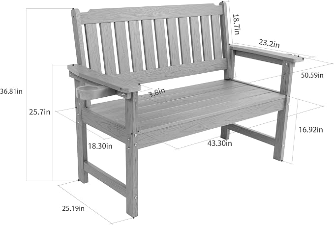 Outdoor Wooden Bench, 2-Person Garden Bench with Backrest and Armrests,Long Loveseat Bench for Garden,Porch,Courtyard, Home.(Blue)