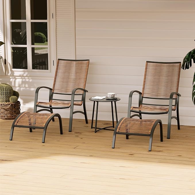 LAUSAINT HOME 5 Piece Patio Conversation Set, PE Wicker Rattan Outdoor Lounge Chairs with 2 Ottoman&Table, Wicker Conversation Bistro Set for Backyard, Porch, Balcony (Brown)