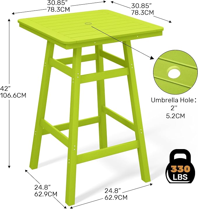 Costaelm Outdoor Bar Table, 42" Counter Height Square Patio Cocktail Bar Table with Umbrella Hole, Patio Bistro Dining Pub Table for Front Porch Deck Backyard Garden, Lime