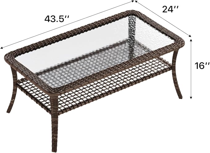 LazySunsets Outdoor Coffee Table with Storage Wicker Patio Coffee Table, Tempered Glass Top Table for Patio Outside Balcony Porch Deck, Brown
