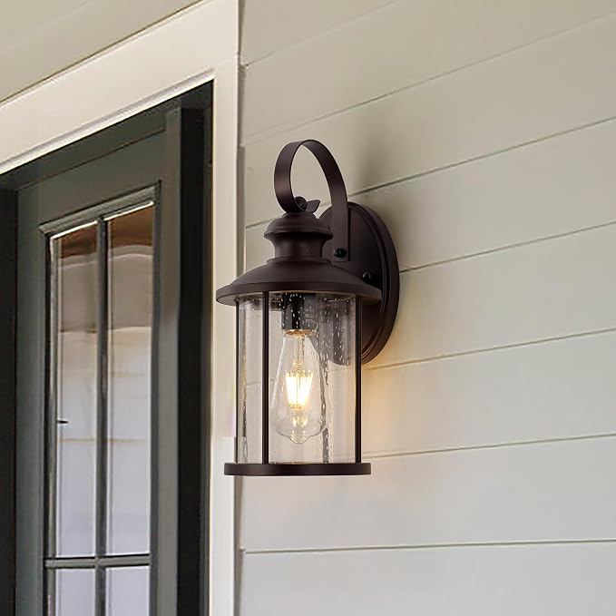 MICSIU 13.75" Bronze Vintage Farmhouse Round Outdoor Wall Light 2 Pack | 100W Max, Clear Seedy Glass, Exterior Porch Sconce for House, Garage, Front Door, Deck