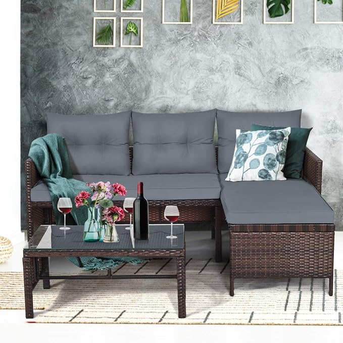 3 Pieces Rattan Sectional Sofa Set, Patio Wicker Rattan Conversation Set with Chaise Lounge, Love Seat & Coffee Table, Patio Furniture Set for Garden, Lawn, Poolside (Gray)
