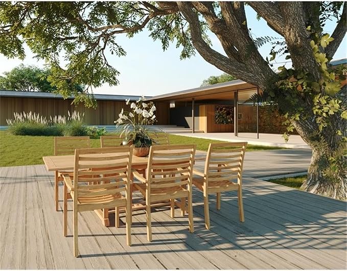 Pemberly Row Traditional Teak Outdoor Dining Table, 70.5-90.5 in Extension, Natural Slatted Top, Premium Teak Wood, Weather-Resistant, Self-Storing Leaf, Patio Furniture for Outdoor Dining
