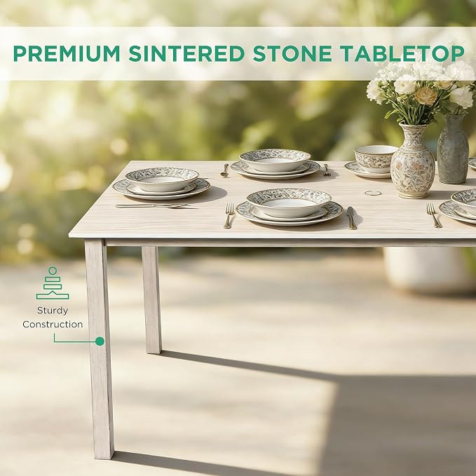 7-Piece Patio Dining Set, White Food-Grade Sintered Stone Dining Table with Umbrella Hole, 4 Dining Chairs and 2 Swivel Chairs with Blue Removable Thickened Cushions for Garden Lawn Yard