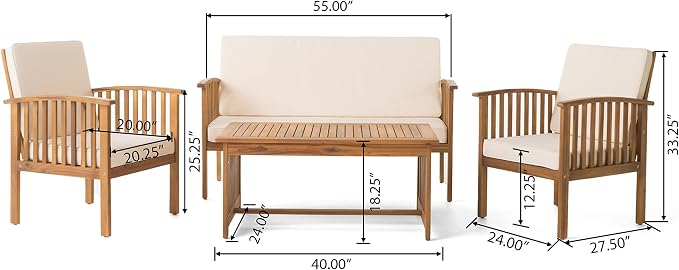 Christopher Knight Home 4-Piece Outdoor Patio Furniture Set, Acacia Wood Chat Set with Loveseat Coffee Table and 2 Chairs Cushions, Modern Backyard Garden Conversation Set, Light Wood