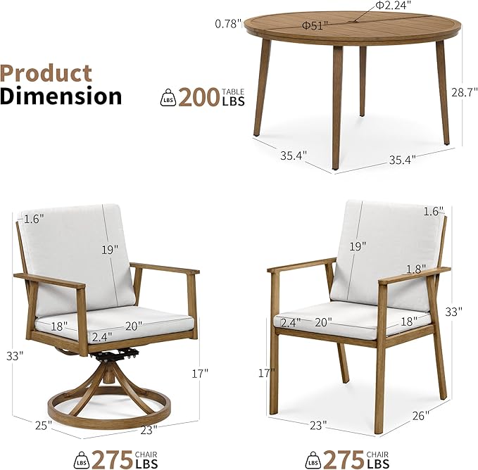 51" All-Aluminum Round Outdoor Dining Table, Modern Faux Wood Grain Patio Table for 6 with Umbrella Hole, Rust-Resistant Metal Dining Table for Garden, Backyard, Poolside & Lawn, Teak