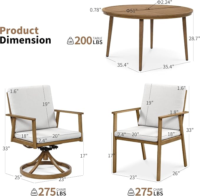 51" Round Outdoor Dining Table Set, 7-Piece Aluminum Round Outdoor Table with 6 Chairs, Rust-Resistant Faux Wood Grain Patio Table with Umbrella Hole for Garden, Backyard, Poolside, Teak