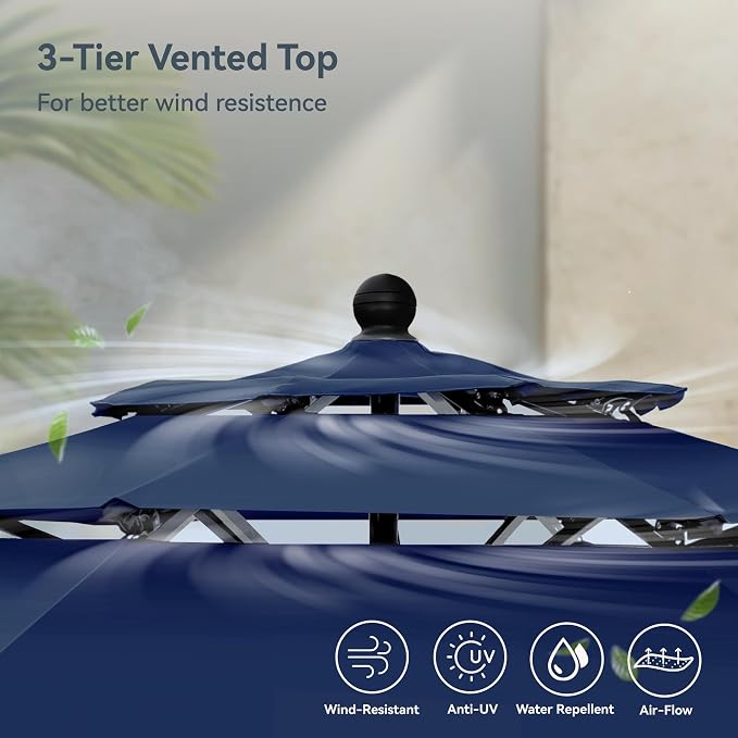 PHI VILLA 6 Piece Outdoor Dining Set with 10ft Umbrella (Navy Blue), Patio Table and Chairs for 4 with Lightweight Folding Chairs & Metal Square Table for Yard, Garden and Deck (No Umbrella Base)