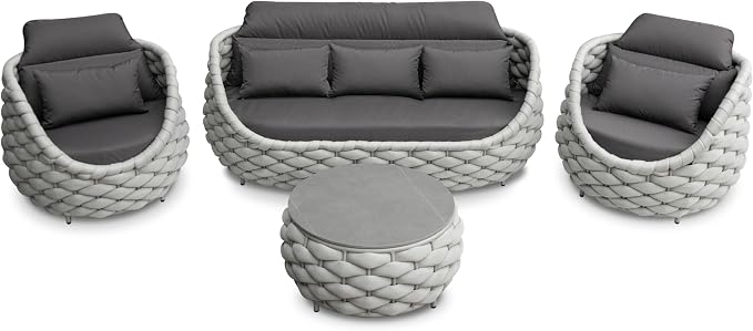 Rope Patio Furniture Set: 4 Pieces Aluminum Outdoor Couch Set Cushioned - Assembled Conversation Sofa Set Modern - Metal Porch Seating for 5 Person - All Weather for Deck Garden Poolside Hotel