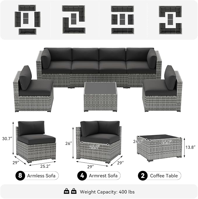 LazySunsets 14-Piece Patio Furniture Set, Wicker Rattan Outdoor Furniture with Thick Cushions, Patio Conversation Sets with Coffee Table, Outdoor Sectional Couch Sofa, Black