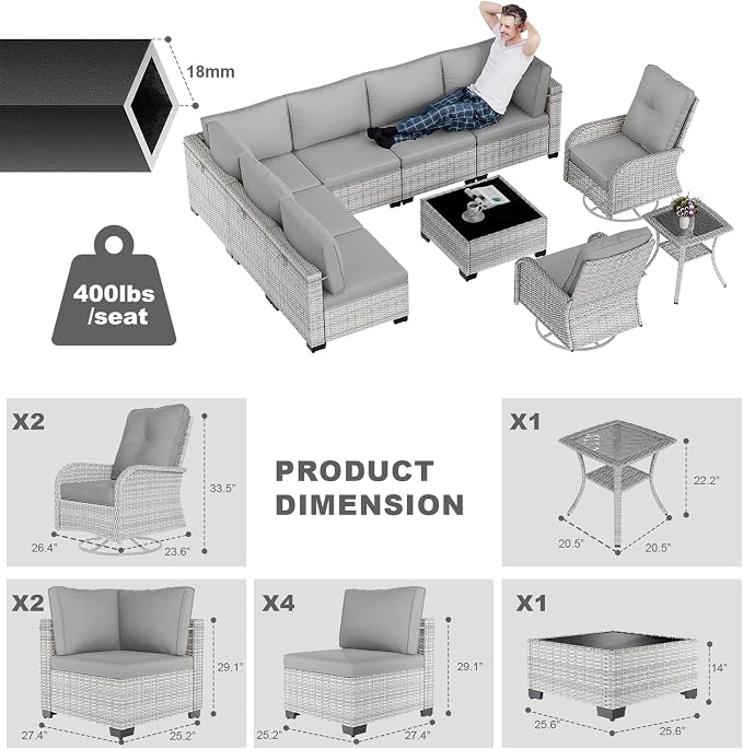 10-Piece Patio Furniture Set, Outdoor Patio Furniture with Swivel Chairs Set, Thick Cushions, Modular Patio Sofa, Dual-Strand Wicker Rattan, Rust-Resistant Frame, Grey